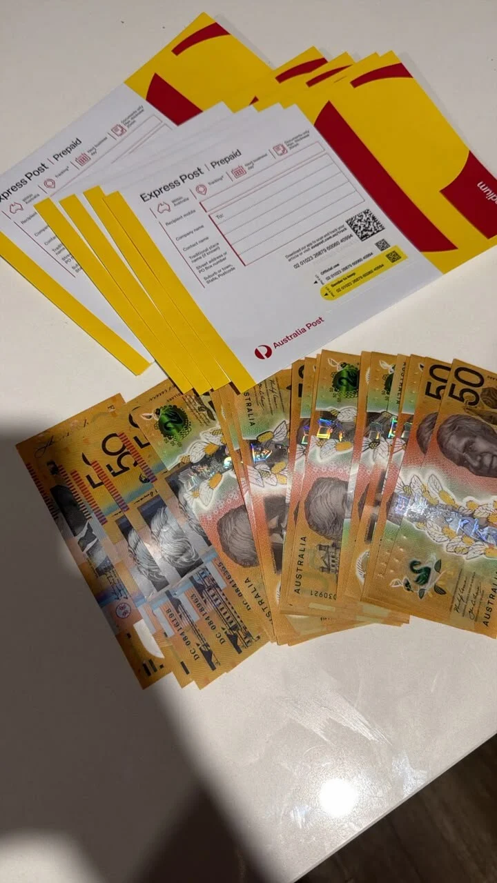 Australian $50 notes with envelopes