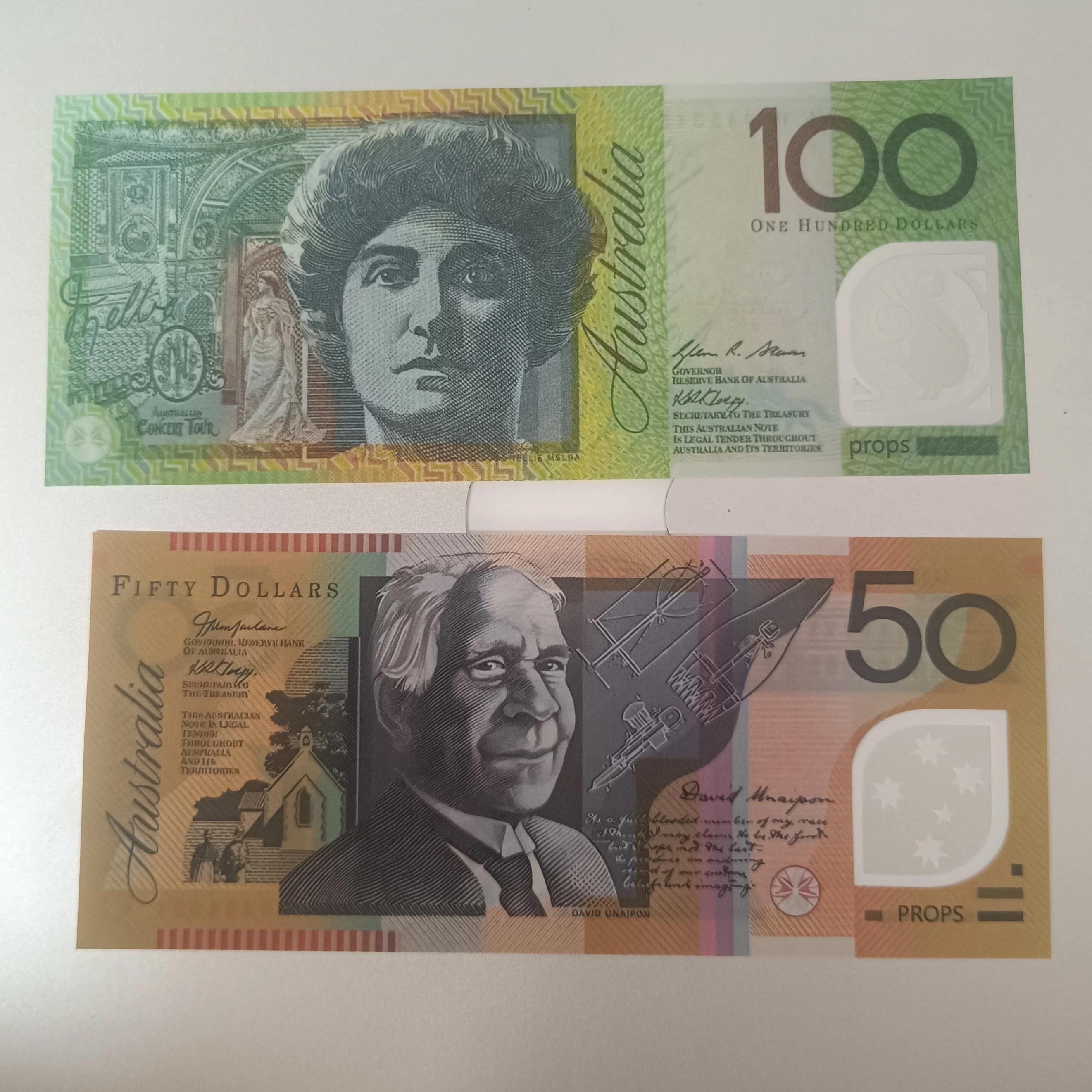 Australian $100 and $50 prop notes with PROPS markings