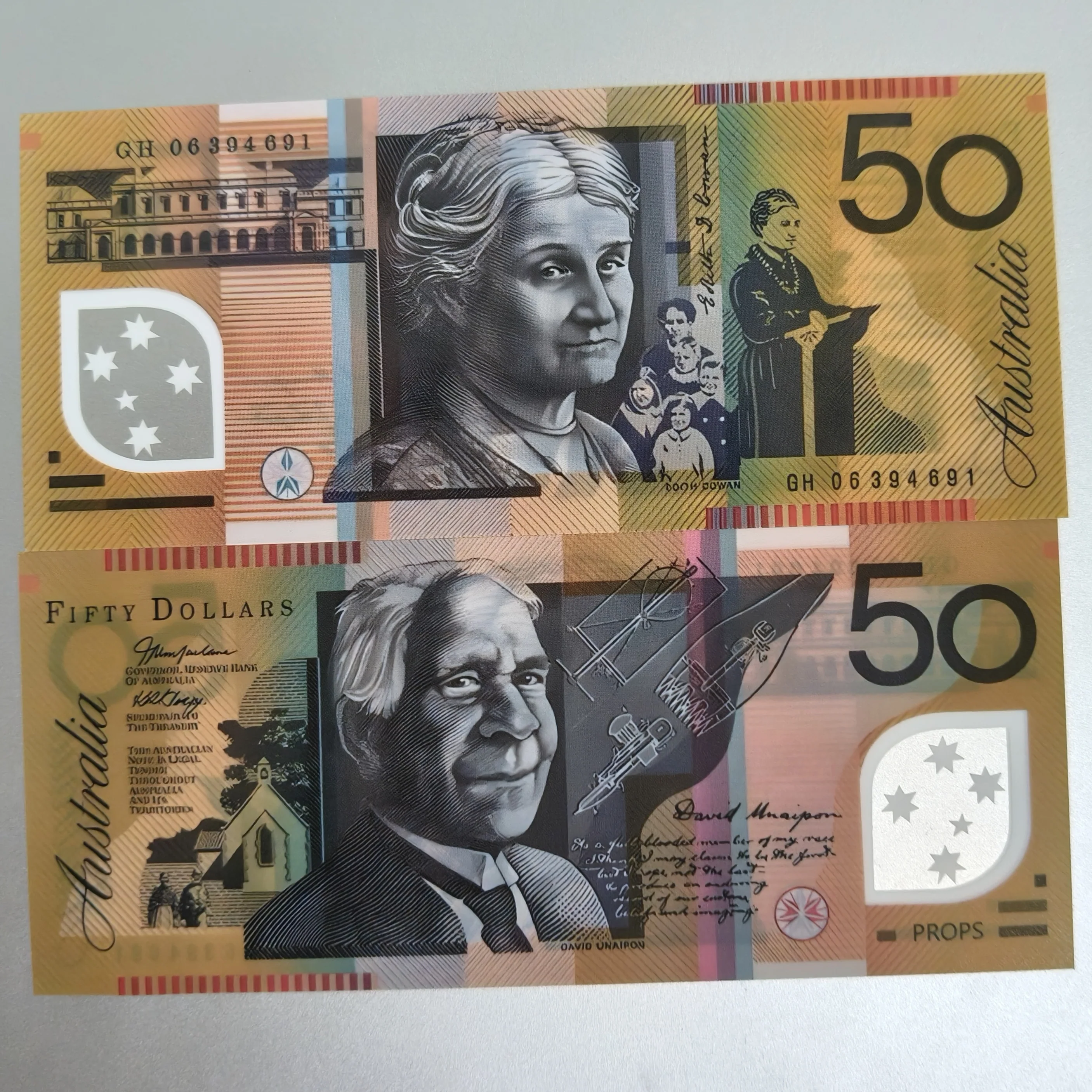 Australian $50 prop note print detail with PROPS marking