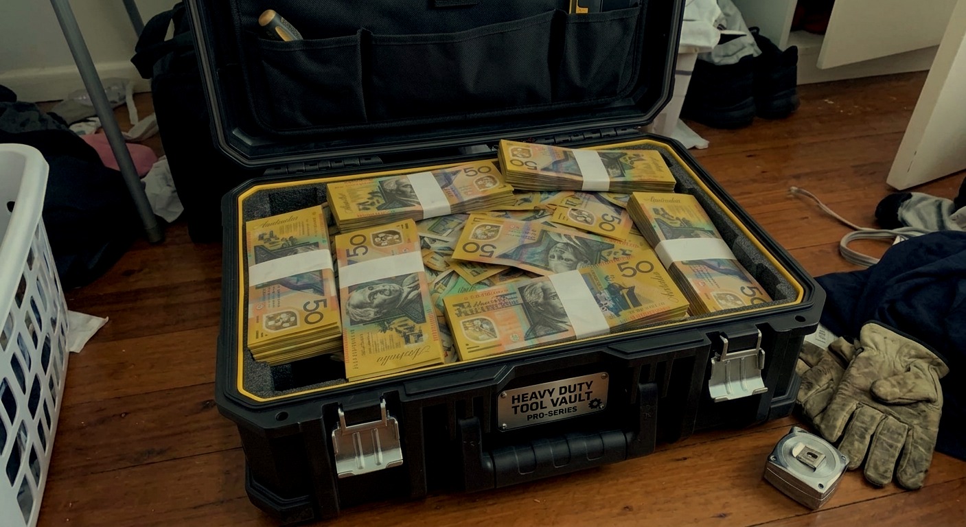 Briefcase full of banded prop cash marked PROP COPY