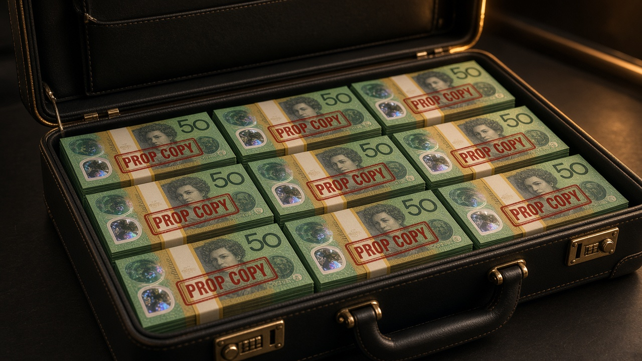 Briefcase packed with Australian prop notes