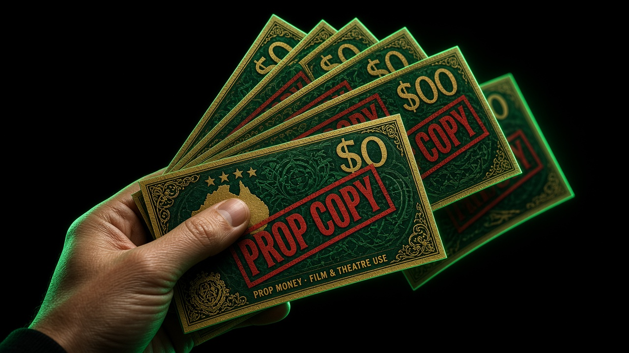 Fan of prop cash marked PROP COPY under neon green light