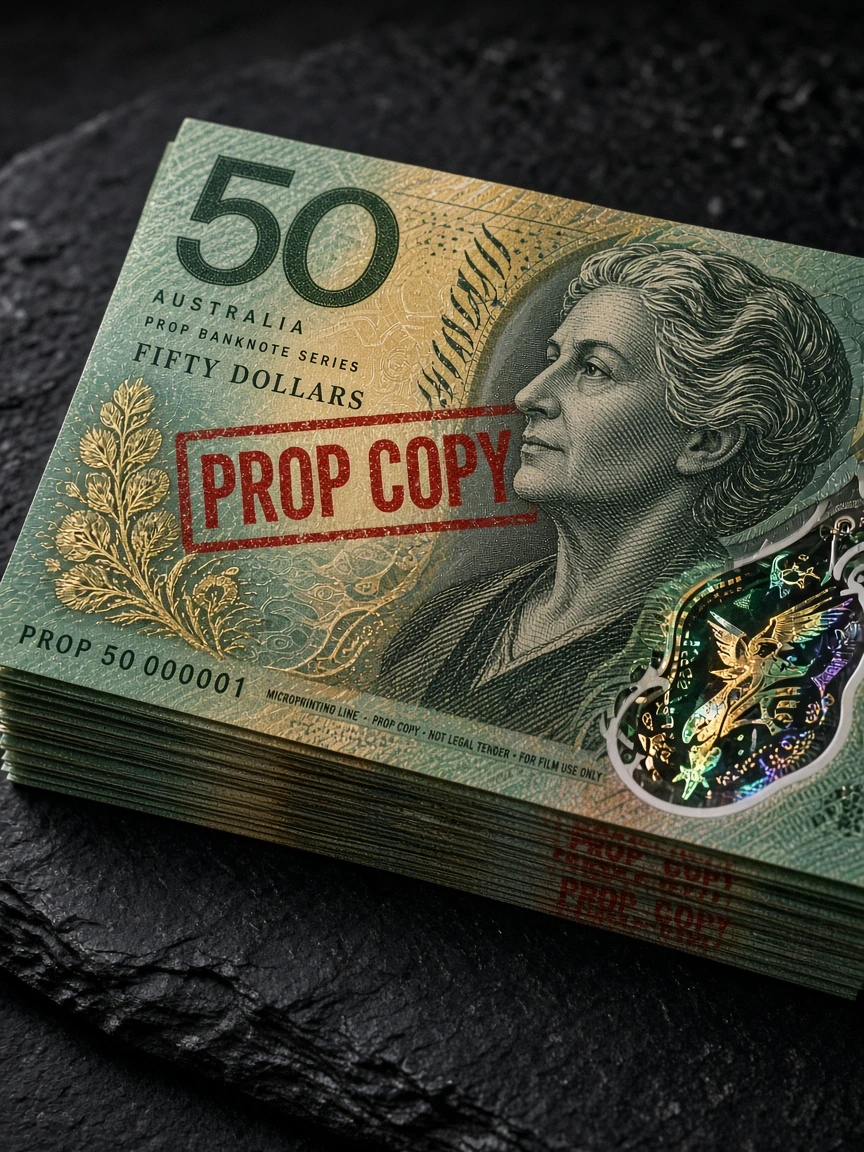 Close-up of stacked Australian prop banknotes clearly marked PROP COPY on a textured slate surface