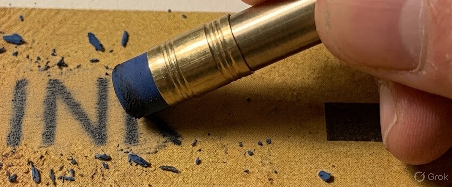 Brass-coloured holder with a blue eraser tip against lettering reading INK